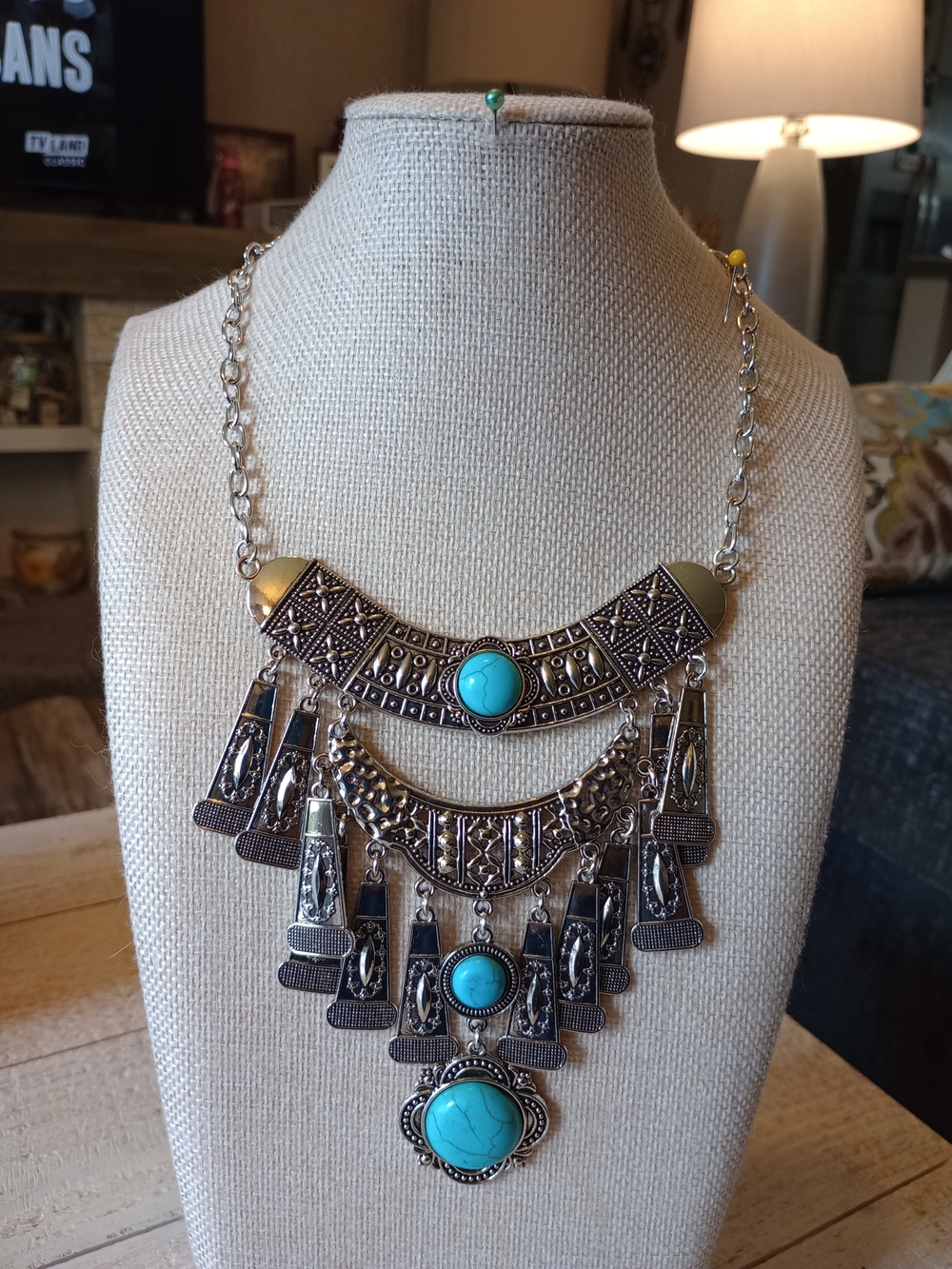 paparazzi Silver-Tone Statement Necklace with Turquoise Accents